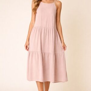 HYFVE Tan Tiered Midi Dress Size Large Flowy Halter Neck Neutral Boho